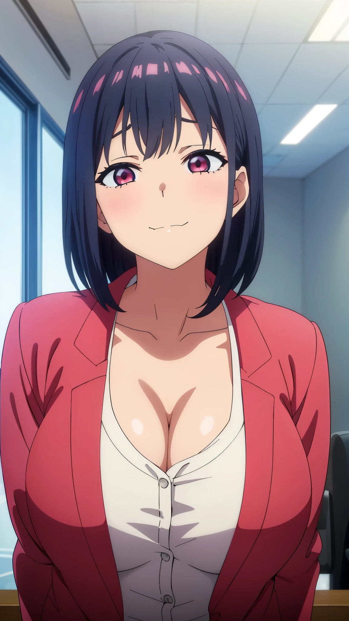 (((masterpiece))),fuyumi itadori, Anime girl characters, 1girl, solo, looking at viewer, medium hair long sleeves, cleavage, bigger breasts, closed mouth, collarbone, jacket, open clothes, open jacket, blue jacket, ground vehicle, sports bra, tall girl, horny, big ass, beautiful face,Charming,  anime visual of a cute girl, screenshot from the anime film, & her expression is solemn, ahegao face, in the anime film, in an anime, anime visual of a young woman, she has a cute expressive face, still from anime, perfect breasts, she is tall, All bodies visible, ahegao face, the face is ahegao, she is horny, A perverted face, she so perverted, she smile so perverted, hd picture, 4k quality, details of the face is so good,bigger breasts, ,change her face and make her face hd and pretty😍, make her face like nakano ichika , she is masturbating, Office worker clothes, Office workers, full body!! 