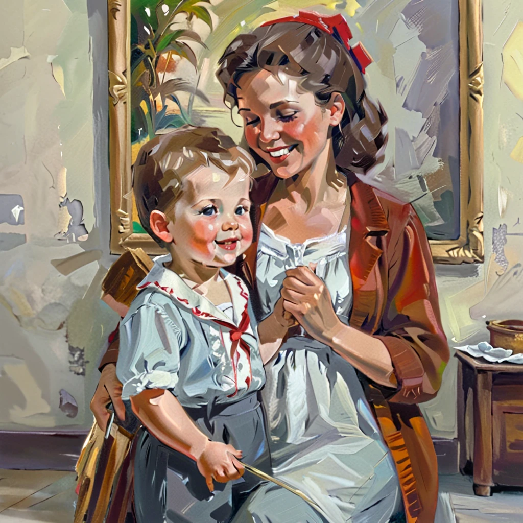 Oil painting, artwork, portrait of mother and son, smiling mother holding her young son, tenderness-filled scene, simple and retro clothing, poor but cheerful people, inside a shabby house in the downtown area, bright impression, sophisticated design, 8K quality