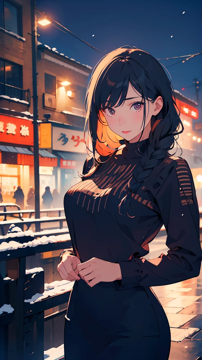 Woman,alone,Mei Mei,Fashion Winter Clothing,winter,snow,city,night,street, neon lights,Very details, top quality, high precision, beautiful lighting, realistic shade, high precision, detailed skin, very detailed, faces and detailed eyes, realistic eyes, cowboy shot