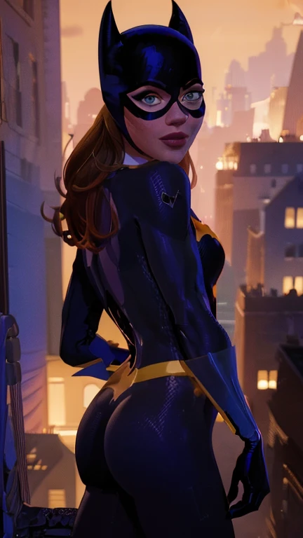 realistic image of (((a woman in a batgirl bodysuit standing on a balcony near a city at night, 1girl, ass, solo, brown hair, smile, gloves, yellow gloves, long hair, bodysuit, blue eyes, looking back, night, looking at viewer,makeup, eyeshadow, 
ultra detail, girl, realistic, correct anatomy, vibrant colors, masterpiece, sharp focus, best quality, depth of field, cinematic lighting, long straight red hair, tan complexion, crystal blue eyes, softly angled eyebrows, round lips with coral lipstick, straight nose, freckles., ,CARTOON_barbaragordon_ownwaifu,www.ownwaifu.com,long hair,blue eyes,lips, curvy, toned, narrow waist, ,makeup, eyeshadow, lips))) 