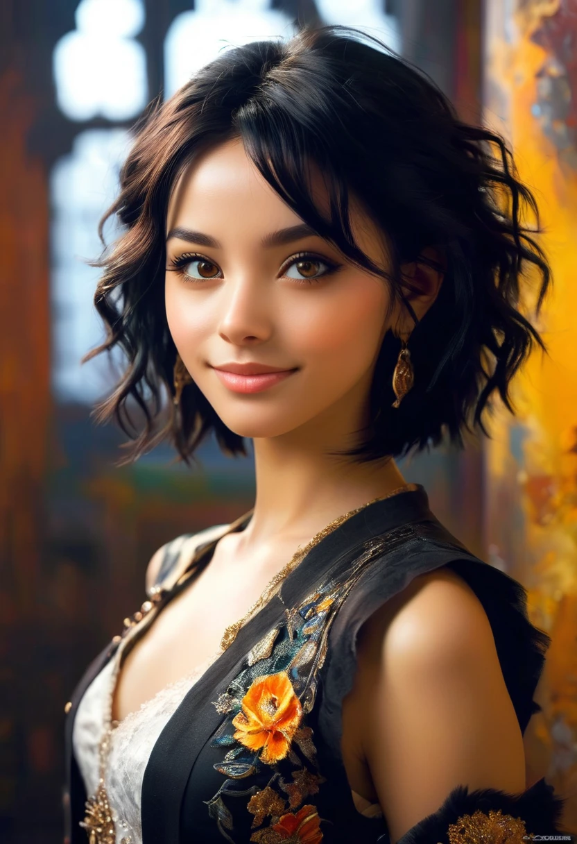 a photo of (jennao:1.2), JennaO, smiling, big brown eyes, black hair, shag bob, gothic background, photo realistic, (realistic:0.99),(masterpiece:1.2),(dynamic pose:1.2), wide shot, solo, fotorealizm sztuka uliczna studyjne swiatło czerwona obcisła powabna erotyczna obcisła mokra sukienka ,joanna ortega cyberpunk anime,tło stara zamglona gotycka katedra wintage , mroszne ciemne szare kolory