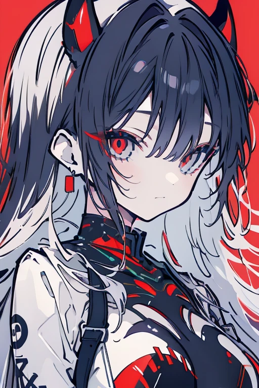 A girl,Red-eyed crow,tear-mole,black fingernails,Miserable white skin,Black metal earrings,frenzied,Red pick dye, with short white hair, Long braids on both sides,soaking wet hair,queen,Black rose,Prompts are highlighted in red, White eyes,White giant eyes,monocle,Shed blood and tears,Conservative classical school uniform,ssmile,grin,Scars with neck sutures,Wrapped in a white bandage, Scattered debris. Body-friendly black silk,Black collar,Black chains, Ring-shaped pattern,Cross scars on the face,falling flower petals,drenched clothes,Black iron sword,Creates mottled shadows, Her hair swayed gently in the breeze, A crazy look on her face(Best quality,4K,8K,A high resolution,Masterpiece:1.2), Ultra-detailed, (Realistic,Photorealistic,photo-realistic:1.37), hdr, hyper HD, Studio lighting, Ultra-fine painting, Sharp focus, Physically-based rendering, Extreme detail description,