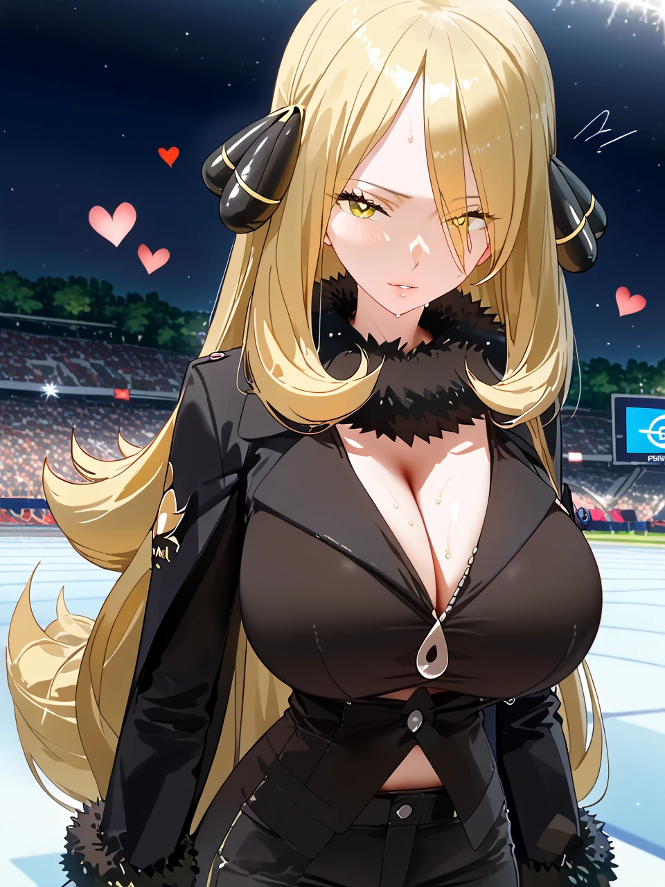           top quality,           top quality,       High-quality photos         ,         Masterpiece     ,           super high resolution   ,           detailed background ,           absurd,        I can have my chest touched by Perfect Anatomy     ,           performance   ,    good lighting   ,     Photo Gallery       ,        Pokemon Cynthia, ブロンドhair, hairオーナメント,  hair,  long hair,  yellow eyes,、black coat, black pants, black shirt, coat, fur collar, fur trim, fur-trimmed sleeves, pants, shirt,Sweaty body、Moving lines、    orgasm、Estrus season、 Big Breasts、   double piece、  heart eye、