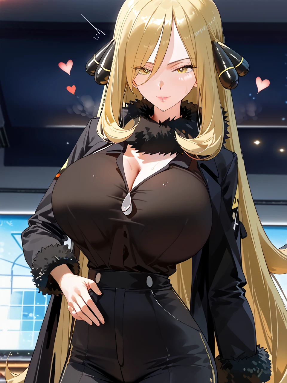           top quality,           top quality,       High-quality photos         ,         Masterpiece     ,           super high resolution   ,           detailed background ,           absurd,        I can have my chest touched by Perfect Anatomy     ,           performance   ,    good lighting   ,     Photo Gallery       ,        Pokemon Cynthia, ブロンドhair, hairオーナメント,  hair,  long hair,  yellow eyes,、black coat, black pants, black shirt, coat, fur collar, fur trim, fur-trimmed sleeves, pants, shirt,Sweaty body、Moving lines、    orgasm、Estrus season、 Big Breasts、   double piece、  heart eye、