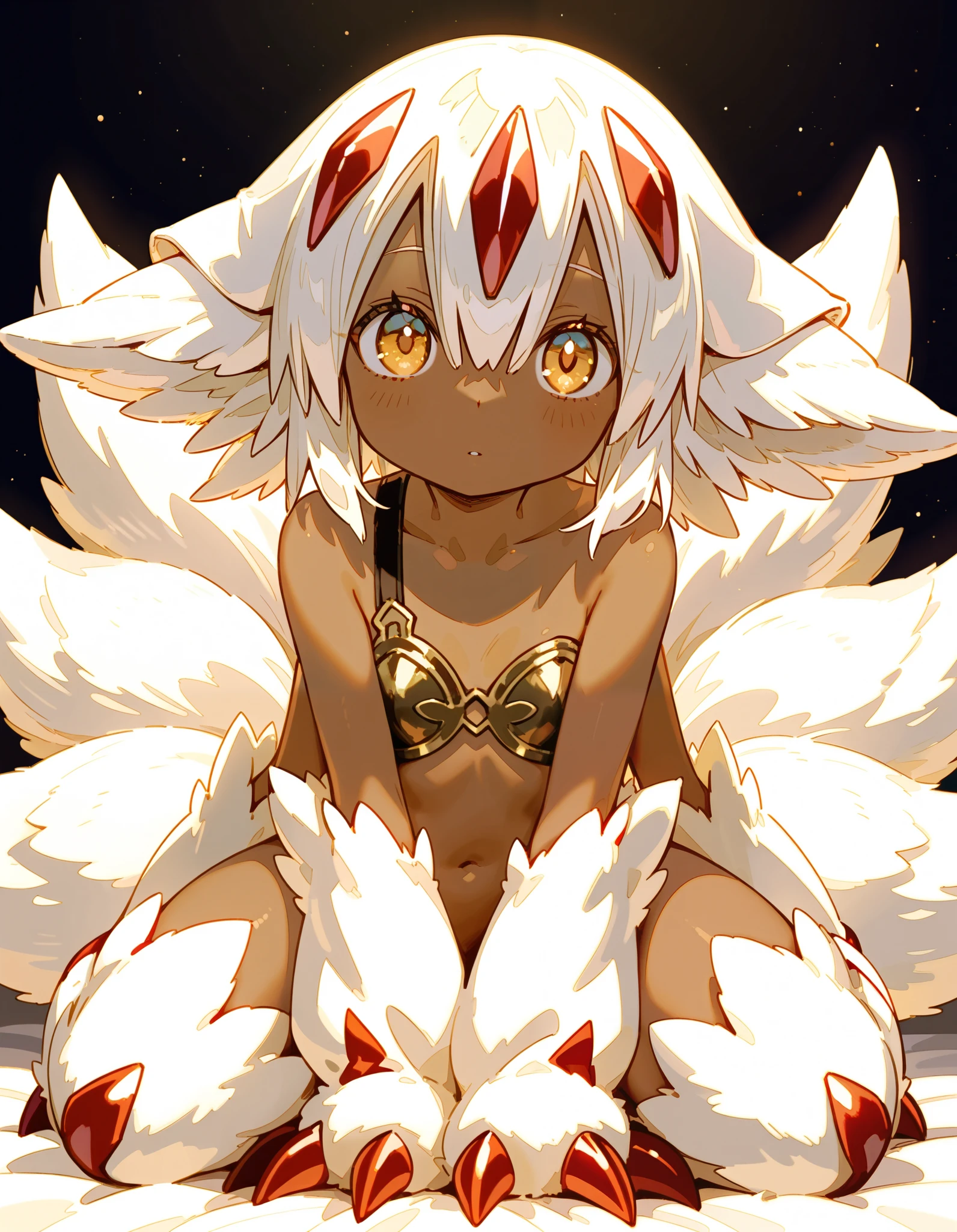 faputa, faputa black, dark-skinned girl, animal ears, extra arms, red claws, multiple tails, white black, metal_bra, nude