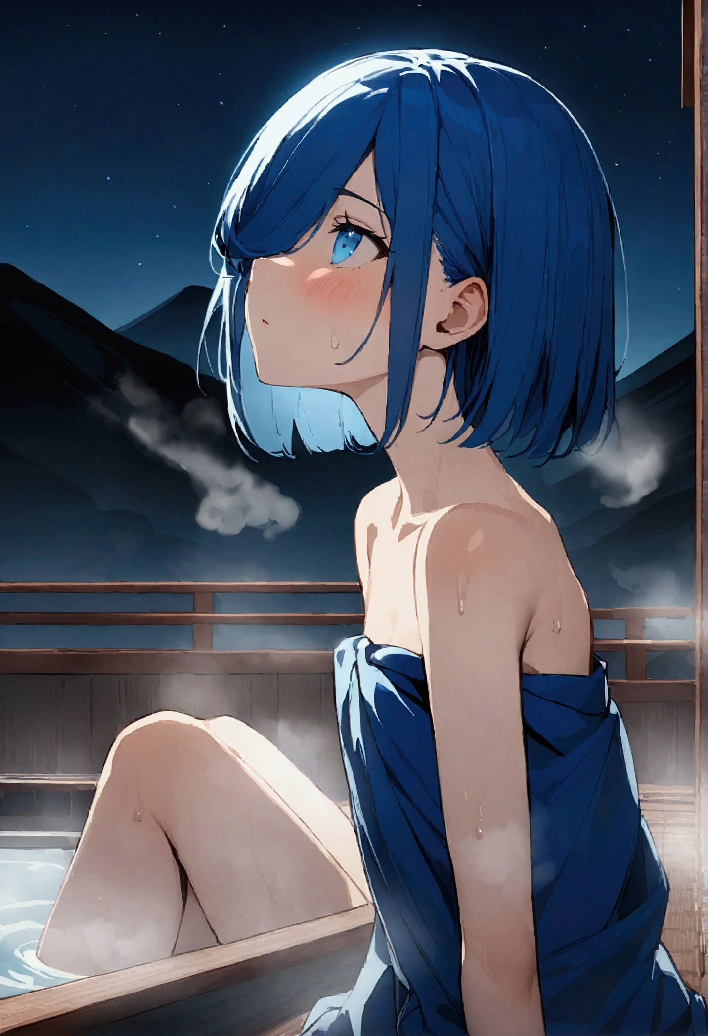 (masterpiece),(absurdres),(perfect detailed),alone girl,(19-year-old),slender:1.1,ultramarine hair,straight hair,short bobcut:1.1,ultramarine eyes,hair covering one eye:1.1,irisless eyes,(small chest),Night starry sky、Mountain covered with snow :0.6,(Japanese Inn),( Outdoor Bath)、looking away:1.2,looking up1.2,in the hotwater,(steam:1.4),mist:1.1,sweat:0.8,sitting,side view,