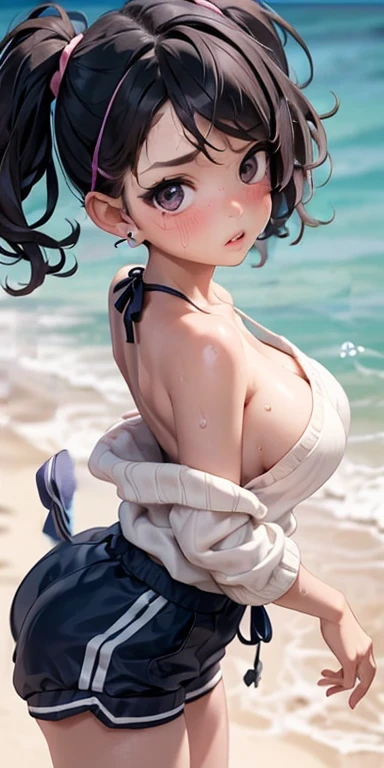 masterpiece, great quality, ultra detail, illustration, game cg, 1girl, solo, (FGOErice), blush, (very frilly bikini with microskirt), looking back at viewer, (upset), (quicksand:1.3), beach