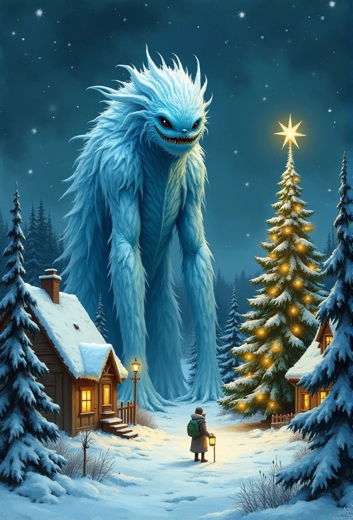 A vintage Christmas illustration featuring the blueton monster, a towering, frost-covered creature with glowing blue eyes. It stands silently in a snow-draped village, its shimmering icy form blending with frosted pine trees and glowing lanterns. A towering Christmas tree adorned with golden lights contrasts its eerie presence. The scene, rendered in soft watercolor textures and muted pastel tones, evokes a nostalgic yet mysterious holiday charm