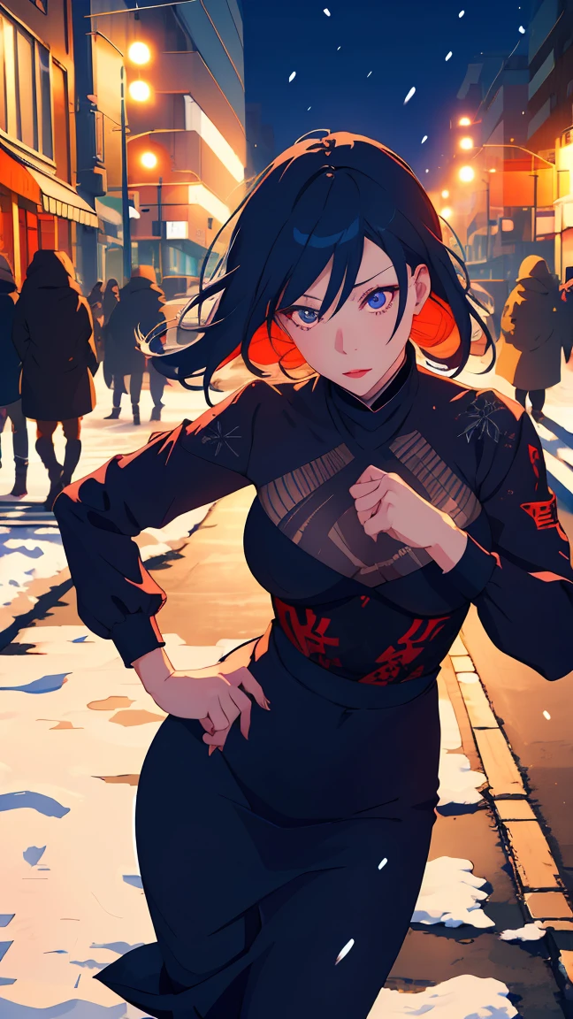 Woman,alone,Mei Mei jujutsu kaisen,Fashion Winter Clothing,winter,snow,city,night,street, neon lights,Very details, top quality, high precision, beautiful lighting, realistic shade, high precision, detailed skin, very detailed, faces and detailed eyes, realistic eyes, cowboy shot