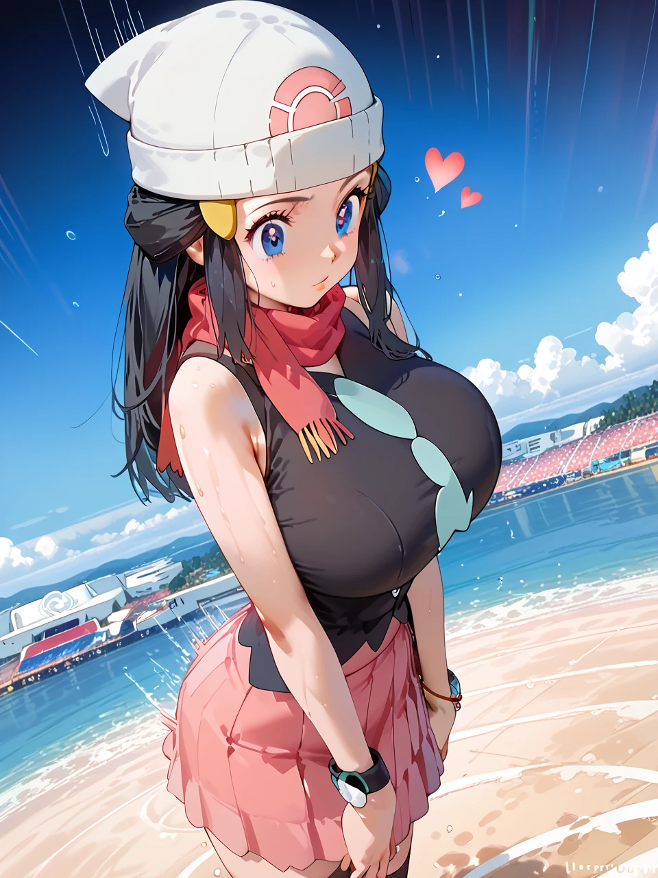          top quality,          top quality,       High Quality Pictures         ,       Masterpiece    ,           super high resolution   ,          detailed background ,          absurd,        PERFECT ANATOMY PERFORMANCE   ,   good lighting  ,     Photo Gallery      ,      pokemondawn, pokemon dawn, black hair, blue eyes, sidelocks, long hair, bare shoulders, beanie, black shirt, black socks, bracelet, hat, jewelry, kneehighs, miniskirt, pink skirt, red scarf, scarf, shirt, skirt, sleeveless, sleeveless shirt, white headwear,Sweaty body、Moving lines、   orgasm、Estrus season、  Super Big Breasts 、  double piece、 Heart Eyes、