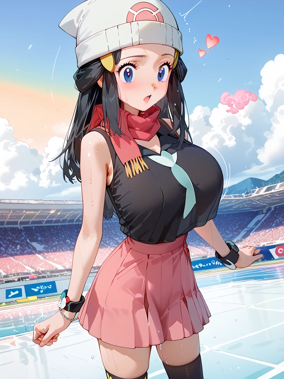          top quality,          top quality,       High Quality Pictures         ,       Masterpiece    ,           super high resolution   ,          detailed background ,          absurd,        PERFECT ANATOMY PERFORMANCE   ,   good lighting  ,     Photo Gallery      ,      pokemondawn, pokemon dawn, black hair, blue eyes, sidelocks, long hair, bare shoulders, beanie, black shirt, black socks, bracelet, hat, jewelry, kneehighs, miniskirt, pink skirt, red scarf, scarf, shirt, skirt, sleeveless, sleeveless shirt, white headwear,Sweaty body、Moving lines、   orgasm、Estrus season、  Super Big Breasts 、  double piece、 Heart Eyes、