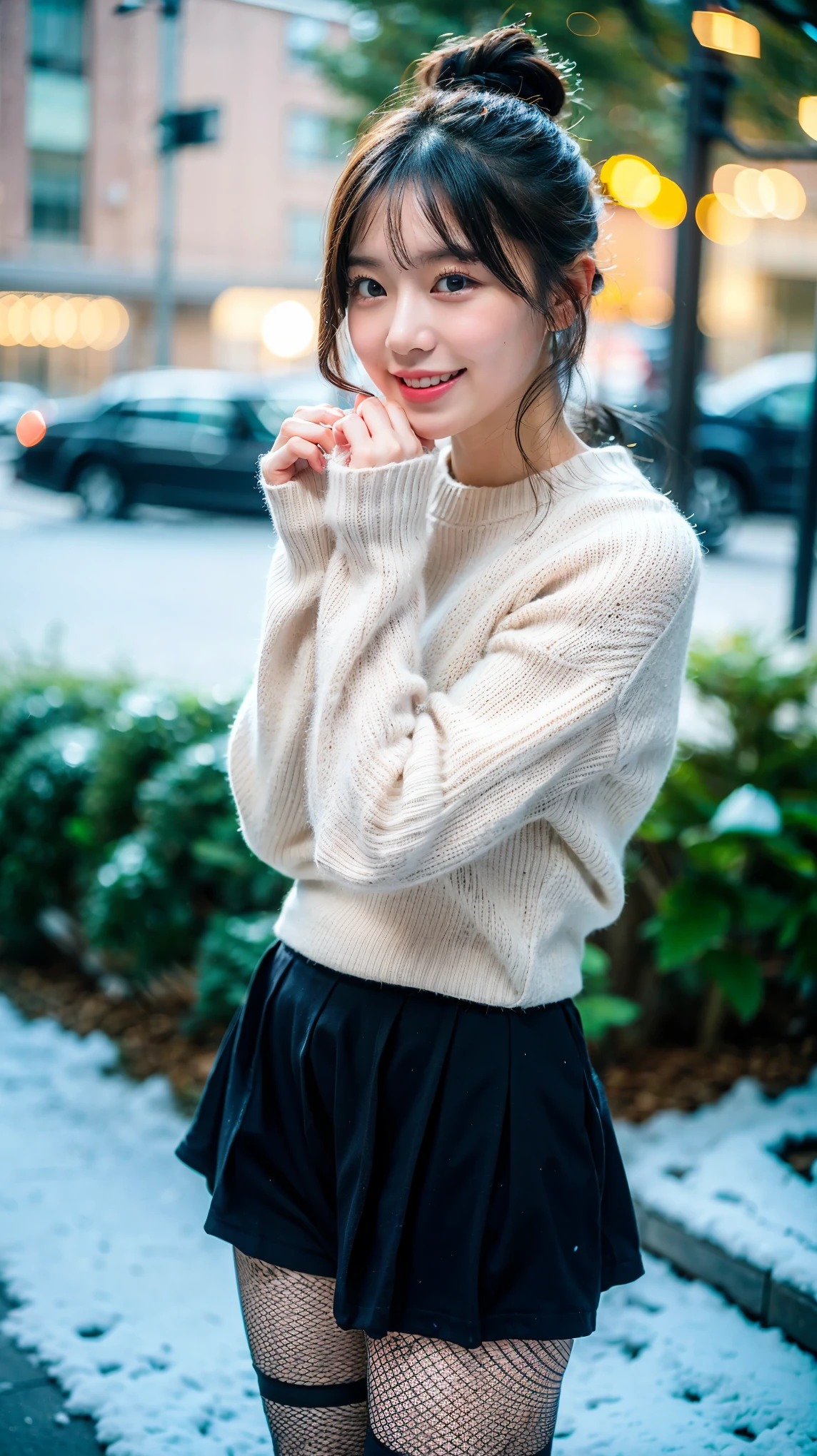 Photo quality, is high definition , 35mm Film,  Telephoto Lens , Bokeh,      RAW file image     , Vignette Effect, 1/2000 second     , ISO100,   ultra high definition :1.5, wearing knitwear :1.5、 laughing :1.5、  snowy outdoor :1.5、  Keep your hair up:1.5、 Look Down:1.5、  flared skirt :1.Roll up 5、Wear fishnet tights:1.5