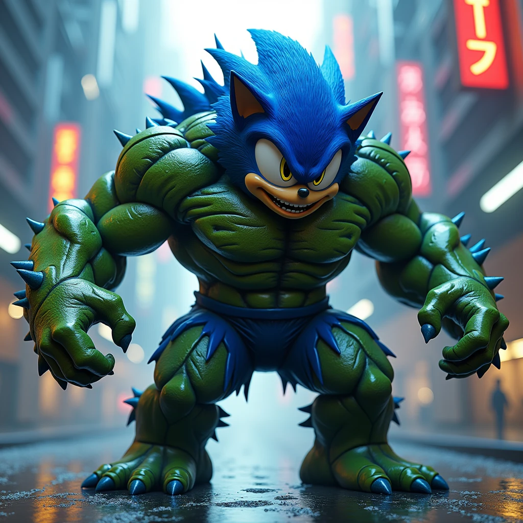 midget hulk style sonic, octane render, unreal engine, highly detailed, intricate, lightning background