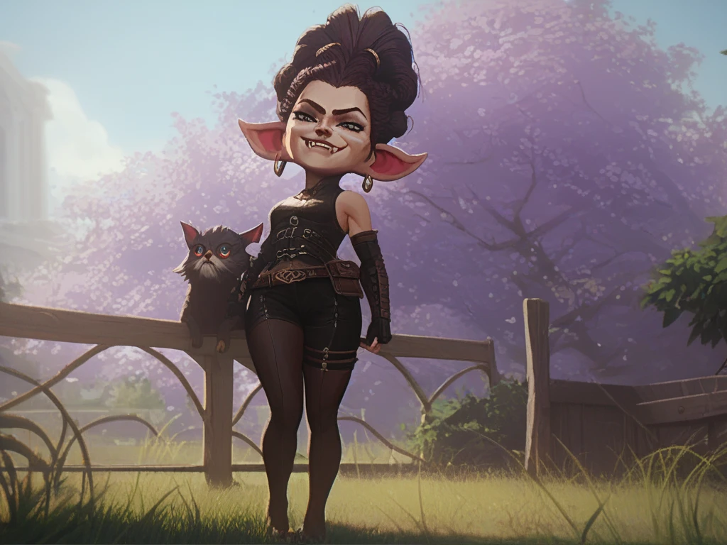 score_9, score_8_up, score_7_up, score_6_up, score_5_up, score_4_up, yordle female, a little creature getting up to mischief, her skin color is brown, large purple horns on her head, dark black gothic armor croptop, and a black skirt with eyes as belts with black leggings with straps on the side, with huge black wings, and she standing at 4 feet on the grass field ground, she have black long curly hair, Accurate, Anatomically Correct, Best Quality, Detail, HD, Textured Skin, Fangs, Smirk,