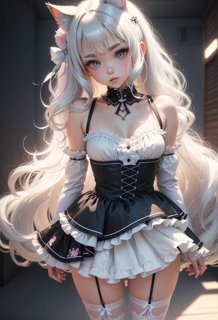 ultra hd digital art, a woman with black/white hair, black tattoos, lolita dress, glossy lips, cat ears, she bends forward