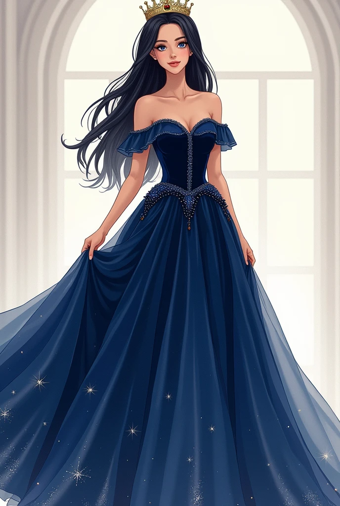 She was wearing a long hat with a rose on it、The dress that covered her entire body with G-cup breasts and reached her ankles was belted at the waist.、Overall in navy blue、She was wearing a sheer shirt that went from her cleavage to her neck.、She has purple lipstick and moon earrings、She was wearing black heels and had a curvaceous body.、With small eyes and a round face、Long black hair with a center part、Anime girl like Deborah Arlini from My Hero Academia
