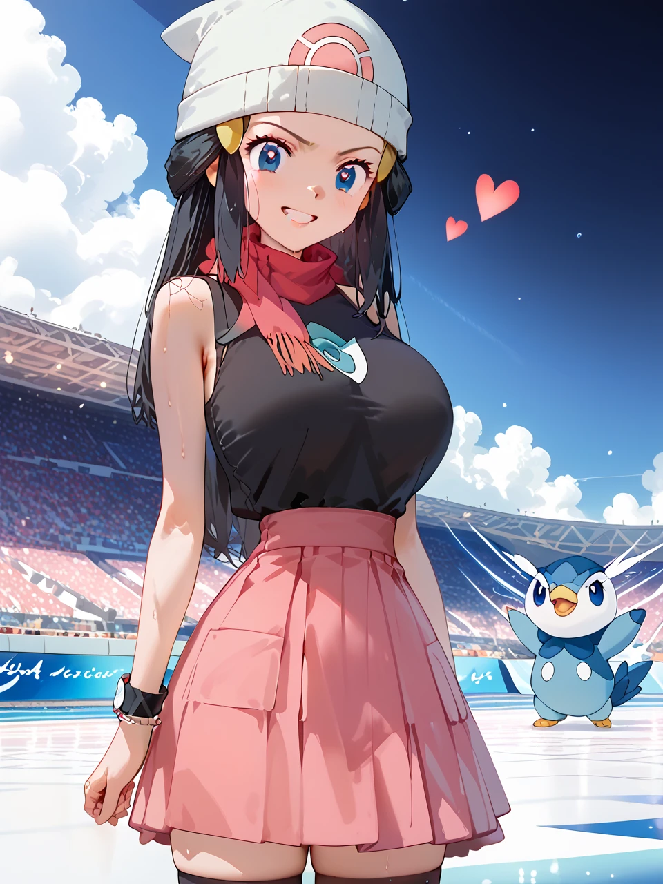          top quality,          top quality,       High Quality Pictures         ,       Masterpiece    ,           super high resolution   ,          detailed background ,          absurd,        PERFECT ANATOMY PERFORMANCE   ,   good lighting  ,     Photo Gallery      ,      pokemondawn, pokemon dawn, black hair, blue eyes, sidelocks, long hair, bare shoulders, beanie, black shirt, black socks, bracelet, hat, jewelry, kneehighs, miniskirt, pink skirt, red scarf, scarf, shirt, skirt, sleeveless, sleeveless shirt, white headwear,Sweaty body、Moving lines、   orgasm、Estrus season、  Super Big Breasts 、 Heart Eyes、Small waist、Sharp body、Grin, 