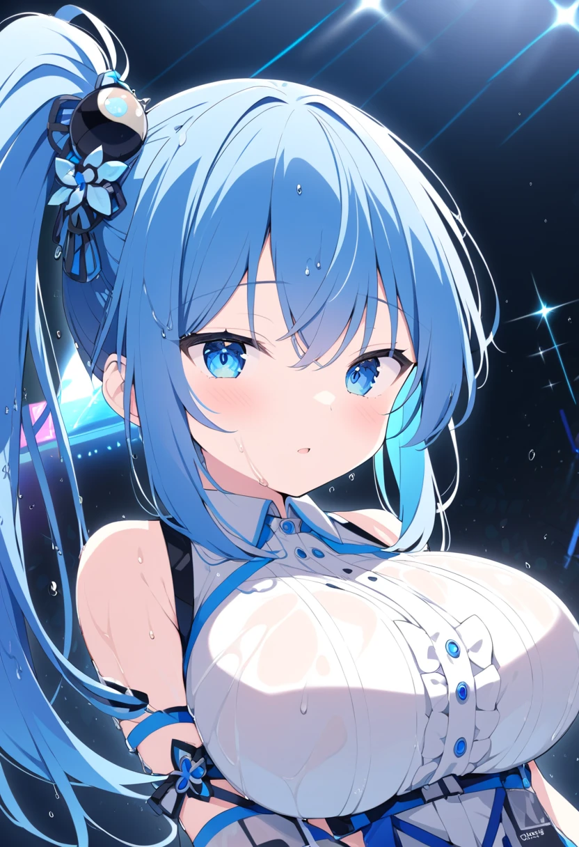 Orivetica,  blue hair,   Side Ponytail, Hair ties,  hair ornament ,   look with hair inside ,  long hair,  blue eyes,,  Big Breasts ,, Live Stage, Alone　 wet