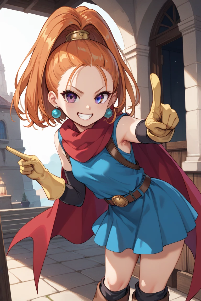 dqbbra, 1girl, orange hair, high ponytail, long hair, purple eyes,  small breasts, 
earrings, jewelry, red cape, blue dress, elbow gloves, yellow gloves, belt, blue skirt, black socks, boots, 
grin, pointing at front, Leaning forward, from front, NFSW, cowboy shot