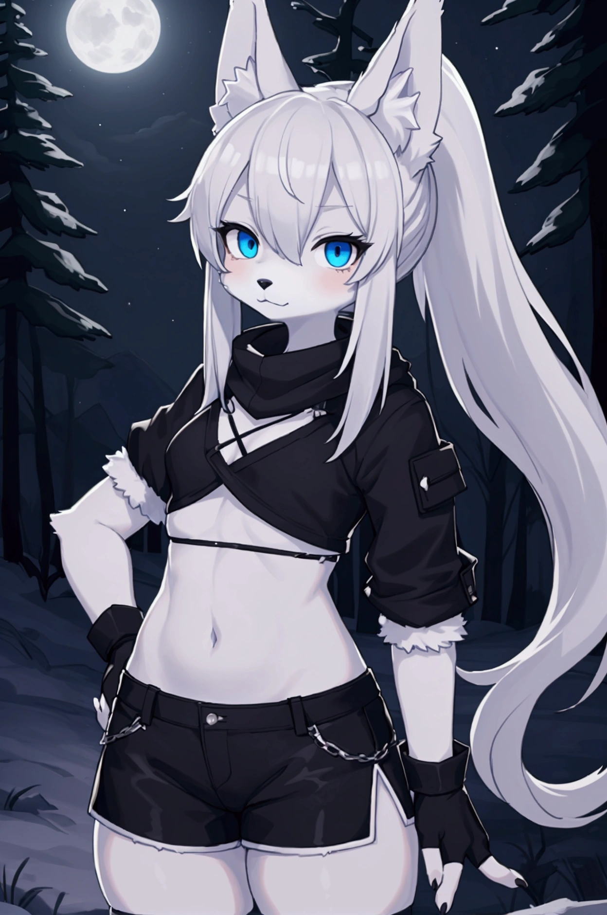  anthropomorphic wolf, wolf face,  white fluffy body , tall body,  long black disheveled hair , hair in a ponytail,  Hair covers one eye ,  blue eyes, White wolf ears , ,  cropped top , fingerless gloves,  black shorts,  hands behind your back duration ,  outdoors , Night