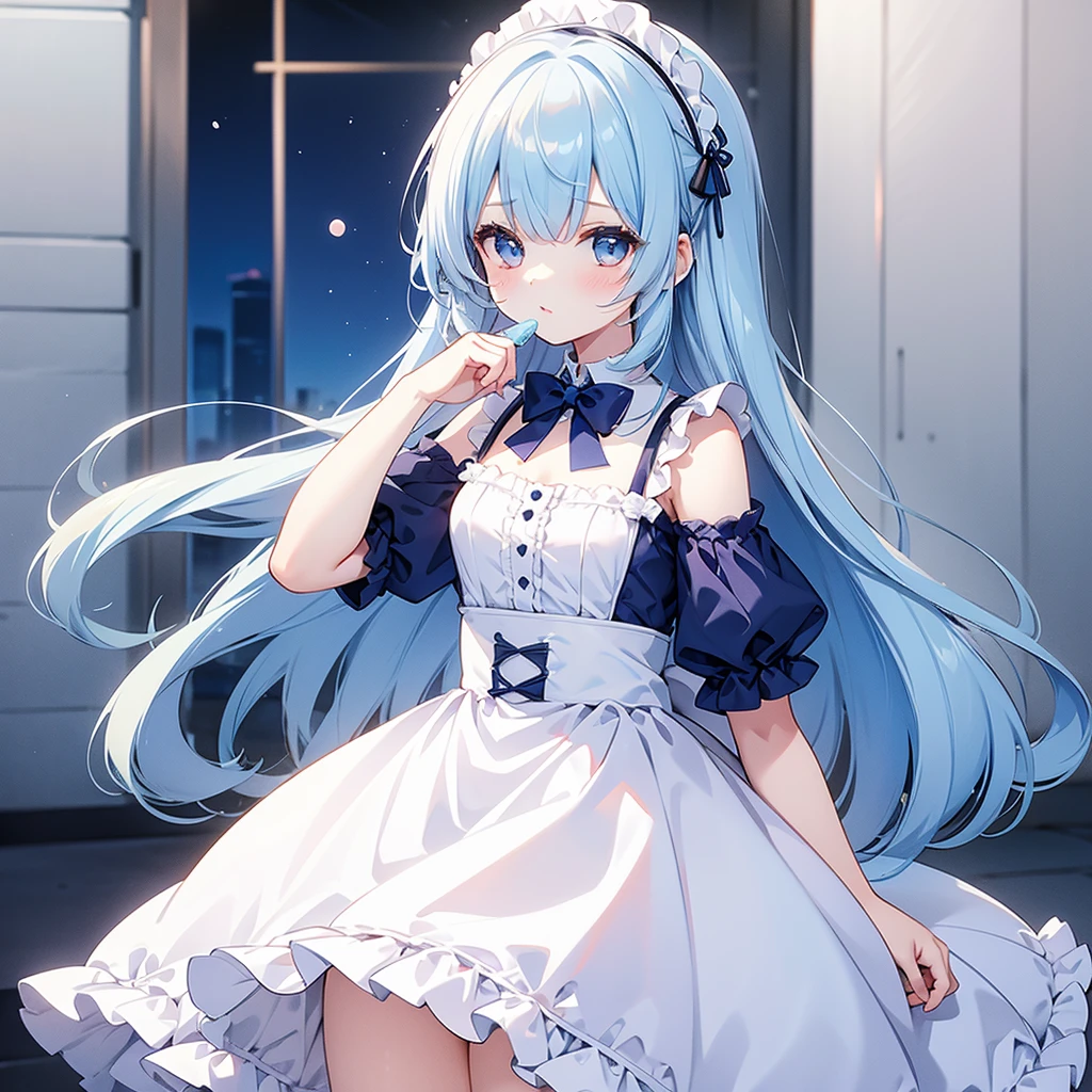 (Masterpiece:1.6, Best quality), 1girll, cute, blue hair, long hair, medium breasts, dress, white panties, standing, from below, blush, (surprise), wide eyes