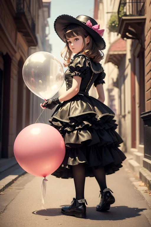 ((holding a ballon)), (((full body))), real photo,  a 12-years-old girl, Brat female , ((looking back at me)), long glove, cancan, hat,