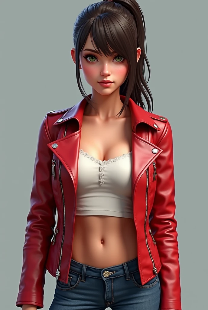 one beautiful lady,(solo)
large breast, Sydney Sweeney 
(light brown hair),short hair,fliped hair,
dark hazel eyes, (beautiful detailed eyes),

((grin)),wild,v-shaped eyebrows,
no ornaments,

((red jacket)),opened jacket,
((black tube top)),
fingerless gloves, gloves, 
denim, shorts,micro shorts, cutoffs,
cleavage, navel, thighs,

((cowboy shot)),standing,

((Flat lighting)),natural lighting,

((simple background)),(gray background),

((masterpiece)), (best quality),
(ultra-detailed),(perfect anatomy),
high resolution,detailed line art,
sharp focus,color illustration,milf,(nsfw:0.55), ((flat chested, flat stomach, baby face)), (intense colors) 