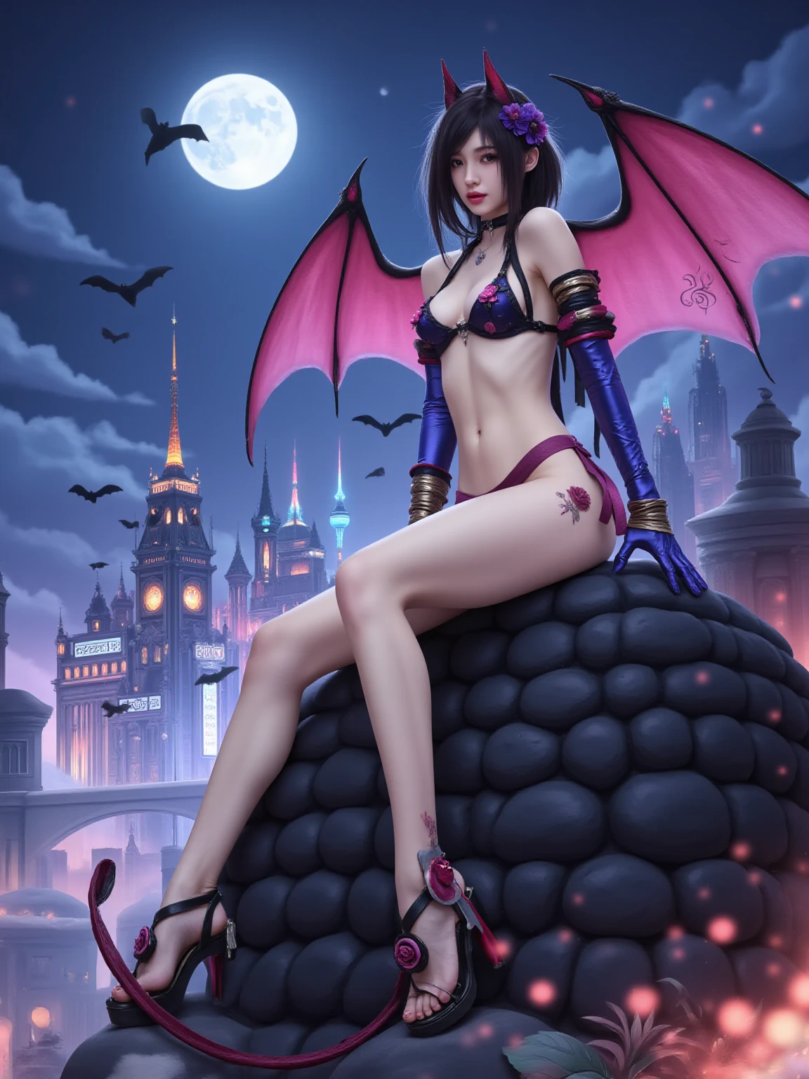 emma watson dressed as morrigan aensland. Castle. Night. background river. wet. --s 1000