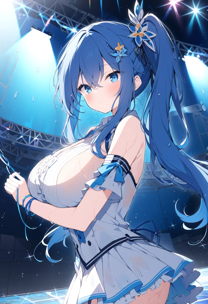 Orivetica,  blue hair,   Side Ponytail, Hair ties,  hair ornament ,   look with hair inside ,  long hair,  blue eyes,,  Big Breasts ,, Live Stage, Alone　 wet