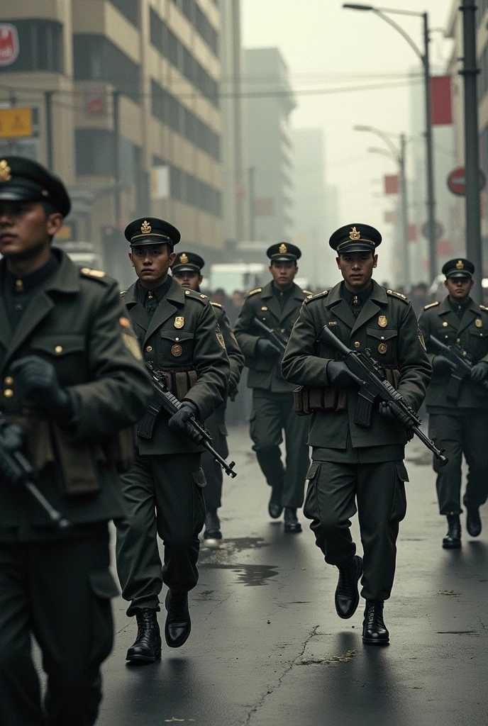 Hay muchos hombres uniformados marchando por la calle, Varios soldados, Una foto coloreada, inspirado por Oka Yasutomo, Desfile militar, Foto coloreada, soldadesca, Foto coloreada galardonada, colorized photograph, soldados realistas, coloreado, inspired by Agustín Fernández, (((Lucas Chueh))), Imperial Army, militarista!!!, army, Militar