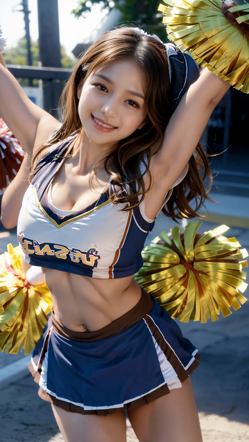 (RAW shooting:1.2)、(Photoreal:1.6)、(masterpiece:1.3)、(highest quality:1.4)、beautiful japanese woman、beautiful eyes、drawn in detail、big breasts:1.4、eyelash、美しいdouble eyelid、eye shadow、perfect eye makeup solo、cute、(cute:1.2)、(A smile full of happiness:1.4)、excited look、(short bob:1.2)、fluffy hair、(angle from below:1.3)、(full body shot)、more skin、double eyelid、(big and full breasts:0)、beautiful breasts、(cleavage:0)、(erect nipples:0)、(cheerleader:1.5)、(mini skirt)、美しくてthin legs、(beauty of perfect figure:1.3)、shiny skin、(A dynamic pose reminiscent of cheerleading:1.5)、(2 large candies:1.3)、jumping、make eye contact with the camera、stadium、night、sexy navel、thin legs、thin eyebrows、high nose、(very sexy:1.3)、Bokeh、obscene、erotic、