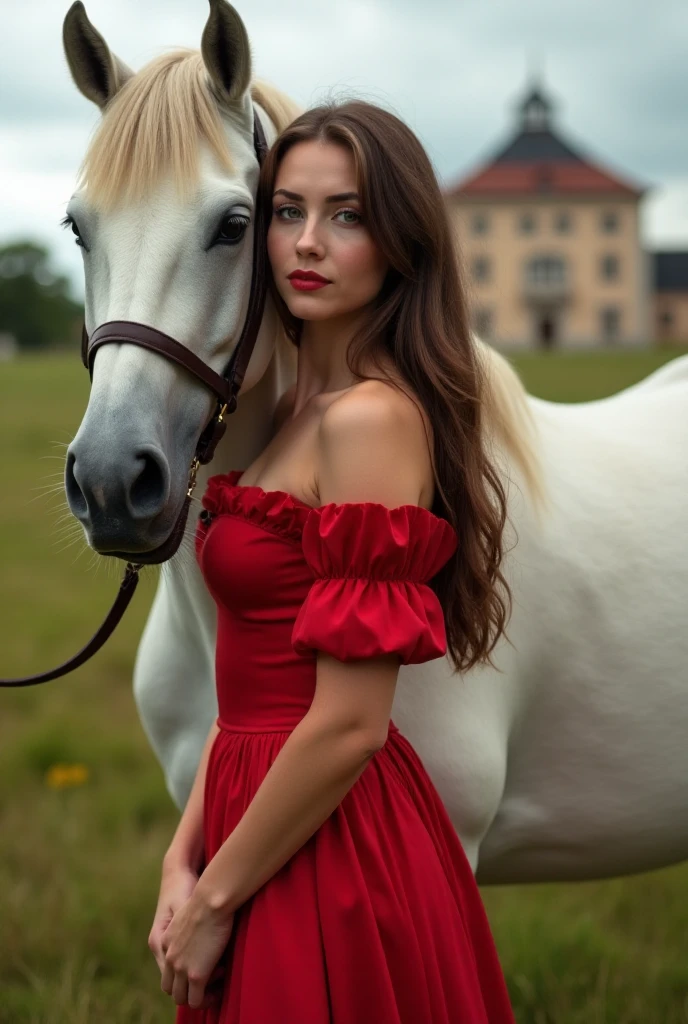    Young beautiful woman ,  european type ,  brown long straight hair ,  bright bright green eyes ,   natural makeup ,  full fiery red lips ,  real skin texture ,  detailed skin , long eyelashes ,  seductive smile ,  stunning view , the whole figure ,  real sunlight, small solid breasts ,  dressed in a sexy light red dress from 18. century , smooth over the head of a white horse ,  standing in the meadow ,  in the background see a beautiful palace ,  cloudy sky ,  real picture  ,  realistic natural light, real lips , real eyes ,  real anatomy ,  realistic picture ,  movie lighting ,  sexi pose ,  erotic motif ,  detail face ,  many details ,  bright bright pastel colors,  real breasts , detailed breasts ,  realistic breasts ,  masterpiece , combat atmosphere 