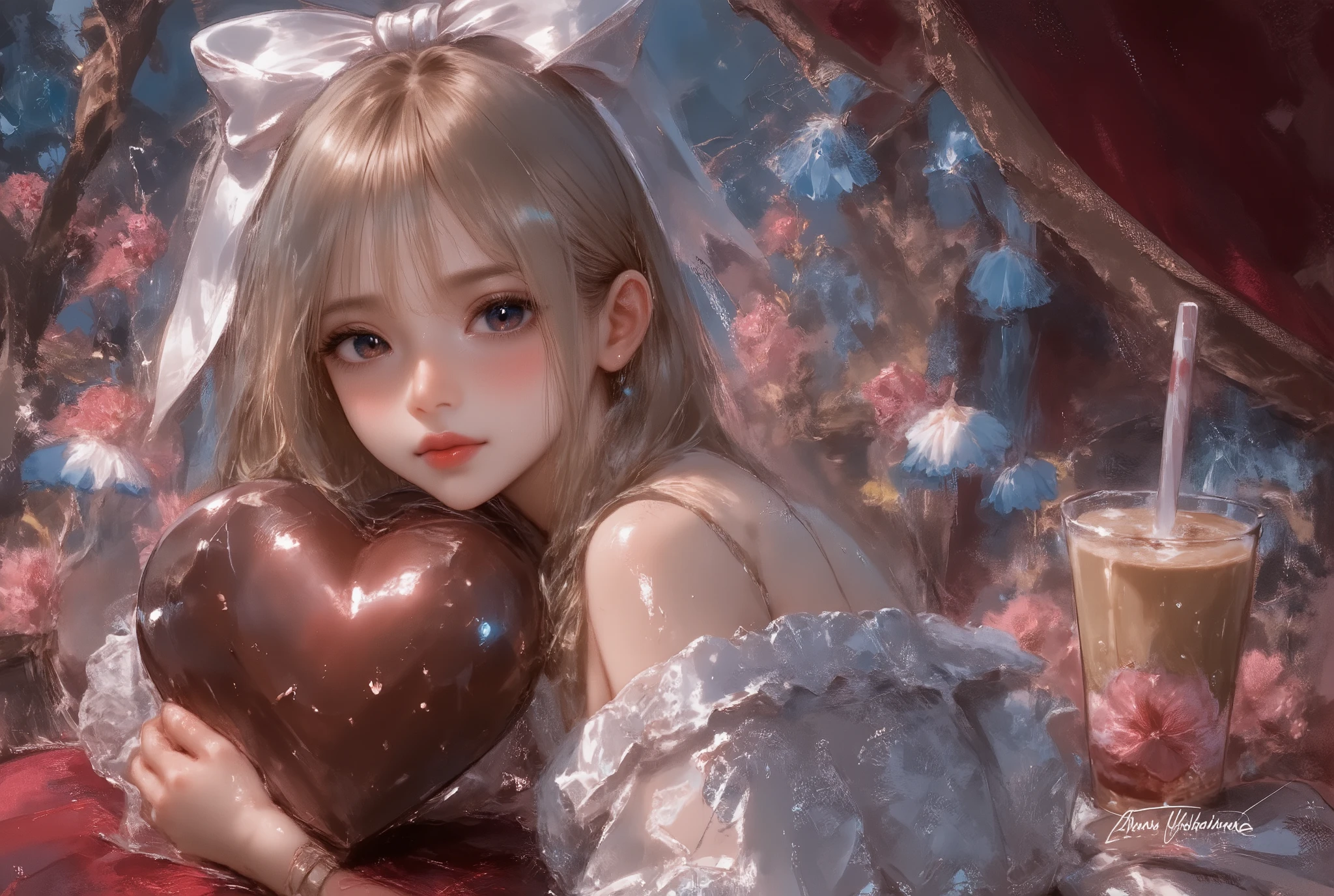 Kawaii art, back view, young cute idol, leaning on big heart chocolate, lace, skinny, coquettish, fantasy illustration, exaggerated big ribbon on head, red cheeks, cold and arrogant, dreamy beauty, ethereal beauty, detailed facial features, mysterious beauty, dynamic pose, romantic elements, like innocence, charming sketch, close-up, acting in a whimsically charming manner, drawn with watercolors and oil paintings and pencils, shiny, off-shoulder patterned rough knit sweater, short skirt, bubble tea, candy, pink and blue flowers doodled in background, dopamine color palette, pale skin, Korean wave, strong contrast, I can't believe I'm so beautiful, strong contrast, round , exaggerated round big blue eyes, thick eyelashes, whimsical, Amani by charly, 1980s anime style, high resolution, full body portrait, stuffed animal art, high definition, oil painting, a detailed painting, ink artistic conception, real paint texture, hyper-realistic, depth of field, dramatic lighting, Realistic, highly detailed, masterpiece, 8k, Cinematic Composition, dark moody vibe, Dramatic Shadows, Intricate and elaborate pattern, 30 megapixel, chiaroscuro lighting, moody color palette, deep contrast, realistic anime style, A fusion of the styles of Katsuya Terada, Range Murata, Akiman and JUNNY