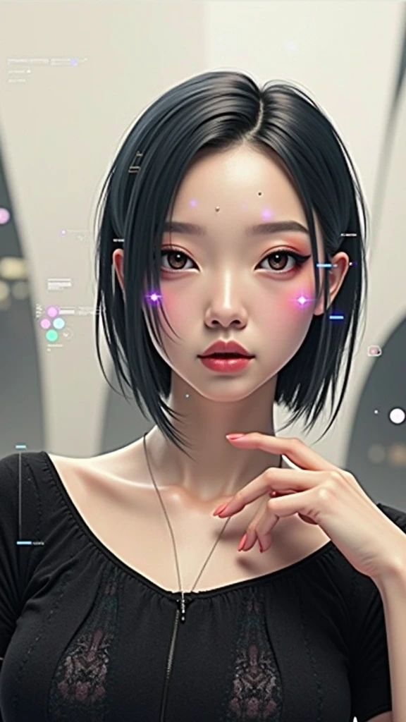 Create a Pixar-style character with long, black hair ,light brown skin woman, small breasts dark brown eyes , thin eyebrow and thin face and big mouth with tank top