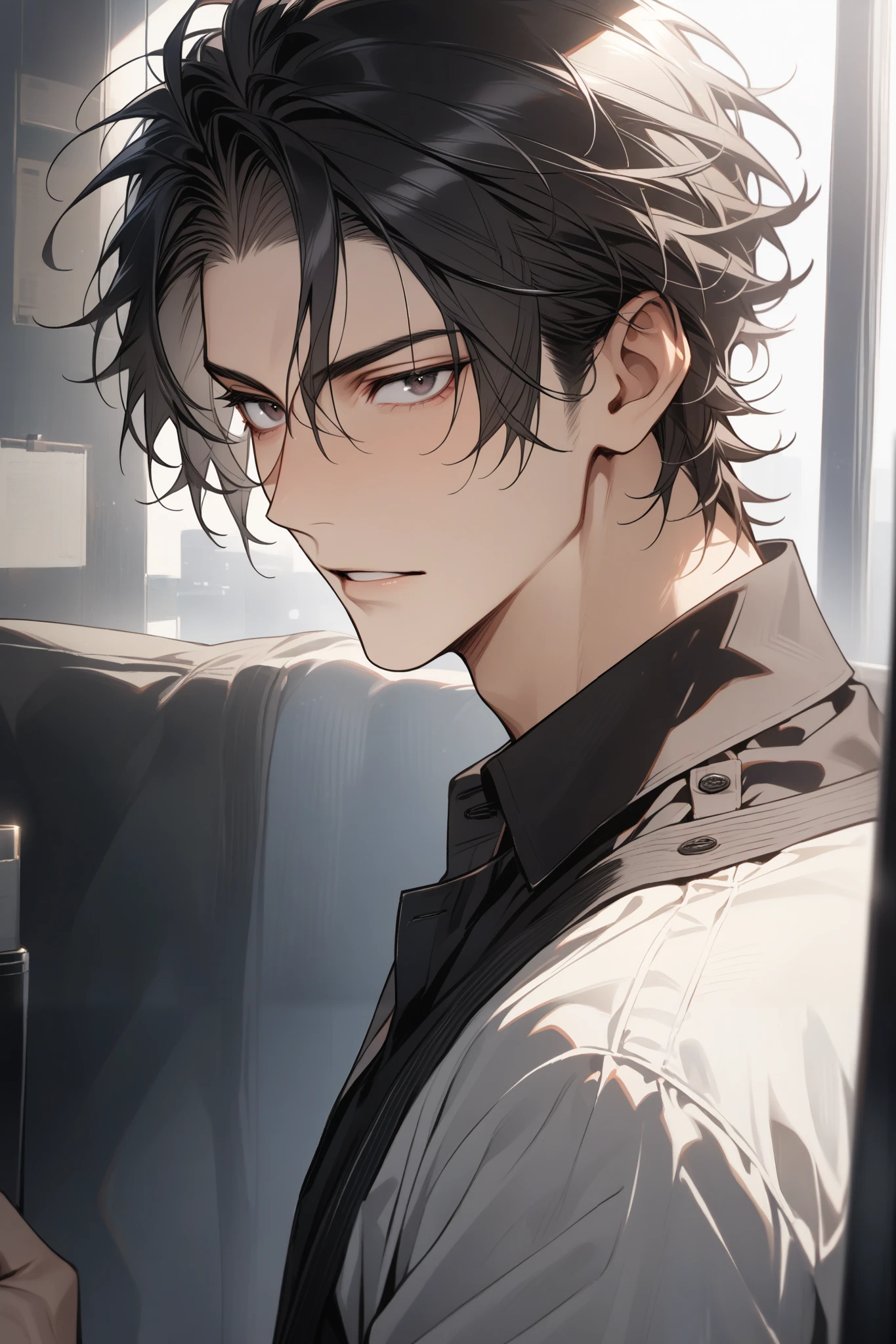 Man, handsome, short black hair, dark eyes, shirt