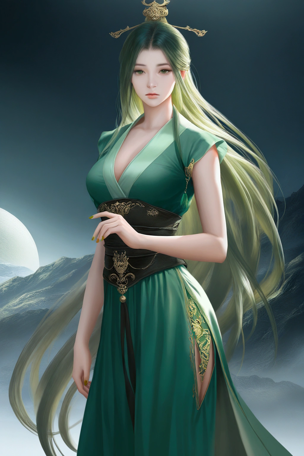 1girl,(((mature female))),chinese style, ancient china, sister,green long dress, plum blossoms,((Green walls)),alling flower petals,(((arms behind back))), (((hiding hands))),Lean forward to look at the camera,{best quality}, {{masterpiece}}, extremely detailed 8K wallpaper, {an extremely delicate and beautiful}, colorful, intricately detailed, Realistic, real, camera quality, (detailed depiction of clothes), cool white skin, (detailed depiction of blush), 1080p, sun, smooth light white hair,bright and silky skin ,super fine illustration, beautiful eyes, very fine light, fine glow, full body close-up,Hanfu,ru_qun,(closeup cleavage),