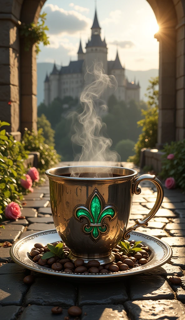 Realistic illustration for advertising , 1 cup of hot Americano coffee ,  A very small and very short and very low coffee mug made of polished real silver , The coffee mug is light silver ,  in the center of a coffee mug engraved with a three-dimensional Fleur-De-Lis pattern with emerald decoration. Fluorescent green ,  area around the Fleur-De-Lis motif is a medieval Gothic art motif adorned with glowing emeralds ,  There is coffee smoke billowing out of the coffee mug elegantly but still looking natural. ,  The view of the image clearly shows the hot Americano coffee water inside the coffee cup , The coffee cup holder ear is on the right hand ,  The coffee mug is placed on a coffee coaster made of polished real silver ,  the coffee saucer is bright silver ,  coffee coasters engraved with medieval Gothic art motifs , . The area around the coffee cup contains complete coffee beans of the same size, placed together naturally inside the coffee saucer.,  features a small ivy branch lying on a natural coffee saucer. ,  The area around the coffee saucer contains complete coffee beans of the same size in large numbers, placed together naturally on the road floor.,  Coffee cups and coffee coasters perched on paved roads. A medieval pebble stone in the bottom center position of the image ,  The medieval gravel-paved road is a path connected from the central position of the , The background is Hohenzollern Castle, located on a low mountain ,  The left and right sides have trees and roses and lilies and brightly colored lavender flowers that It clearly represents the Middle Ages., . On the left and right there are pieces of tunnels that represent the Middle Ages. Clearly, ,  the left and right sides have long flags, red-gold triangular ends that present the family crest banner through the Fleur-De-Lis motif. Hanging directly in the tunnel. ,  Details of the architecture behind can be seen in detail and clearly through the view seen from the front. , In the sky, clouds and large midday devotional eyes transmit bright light. , The light from the midday sun splashes light on all corners of the image. , . The overall atmosphere of the picture is bright noon 