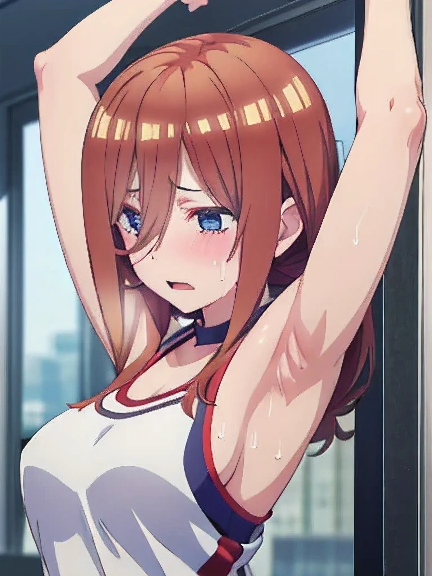 Gym , full of sweat , Fetish armpit , Miku Nakano , embarrassed , arm raise , sweat armpit , pinky armpit , High Graphics, HD 