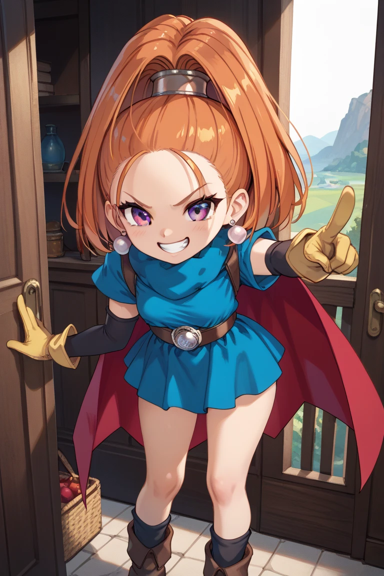 dqbbra, 1girl, orange hair, high ponytail, long hair, purple eyes,  small breasts, 
earrings, jewelry, red cape, blue dress, elbow gloves, yellow gloves, belt, blue skirt, black socks, boots, 
grin, pointing at front, Leaning forward, from front, NFSW, cowboy shot