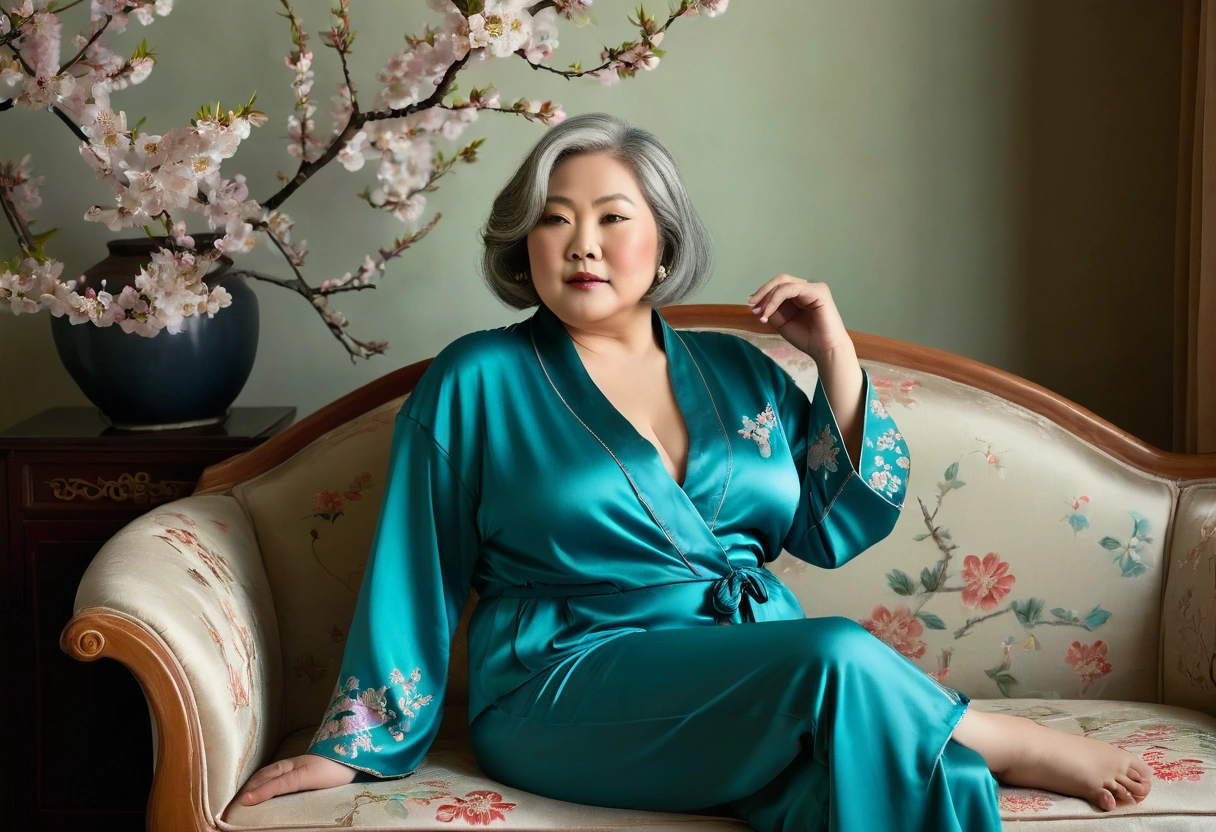 A graceful chubby plus size Chinese model in her 60s with a chic bob of grey hair lounges on a traditional chaise in a softly lit room. She wears a teal satin pajama set with an unbuttoned top revealing more than half of her bust adorned with intricate floral embroidery along the deep plunge bust revealing  hem and cuffs. A delicate folding screen with hand-painted cherry blossoms and a steaming teacup on a lacquered table complete the tranquil atmosphere.