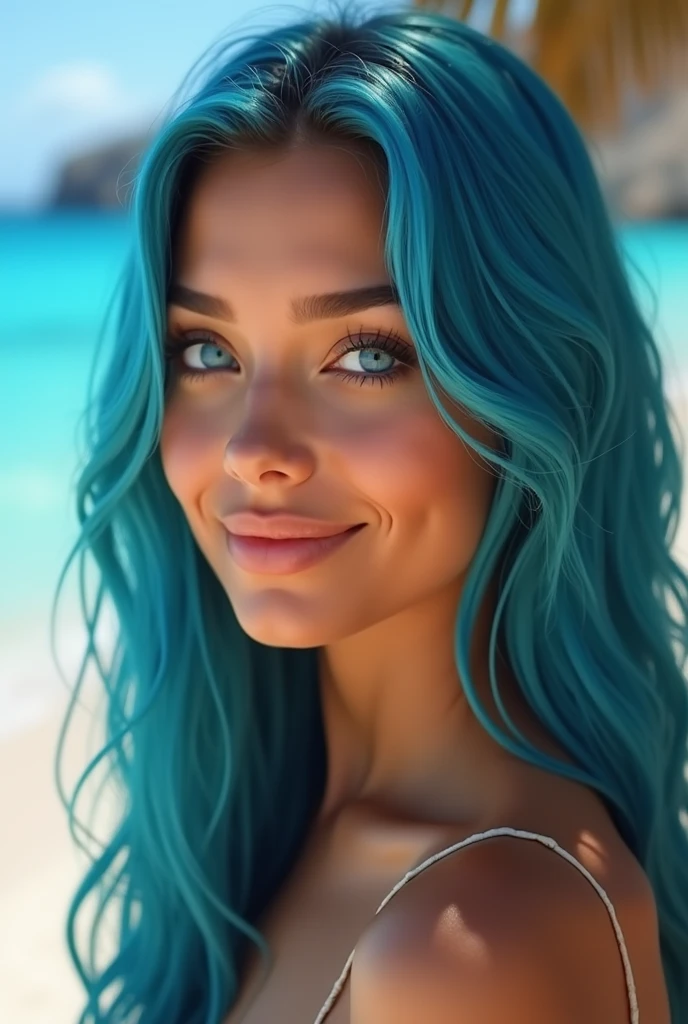 realist, fotorrealist, raw photo, Detailed 8K skin, natural skin texture, textura de piel realist, Perfect face, film grain, HdR, high quality shade, perfect anatomy, perfect symmetry: 1.2, Perfect face, happy, trusted, Soft lighting, depth of field, bokeh, ultra high resolution, cinematic lighting, sharp focus, hebras de cabello realists, subtle facial expressions, vibrant colors, 50mm lens, standard angle, outdoor background, Natural sunlight, golden hour, soft shadows, warm tones, blue hair woman posing in a sweater dress at the beach sunset, big breasts