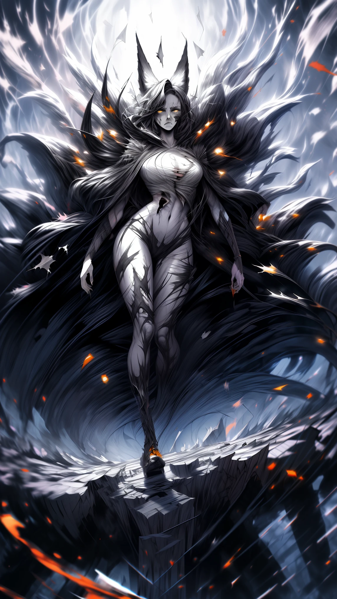 masterpiece, highest quality, female, orange glowing eyes, detailed eyes (1.4), long flowing hair, scars on face, villainous expression, smiling, black skin body with black glowing pattern, bare body, ready for battle, blurred stormy background, dark atmosphere, lighting in background,full body,standing