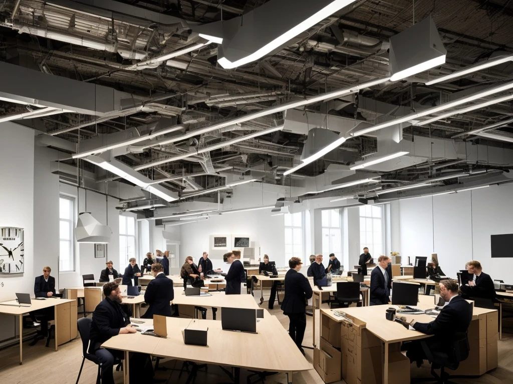 several people are standing in a room with a clock on the wall, in a open-space working space, people at work, vibrant and dynamic, innovation, in the spotlight, by Jakob Gauermann, by Matthias Stom, sascha schneider, impression, arbeitsrat für kunst, by Karl Völker, by Oskar Lüthy