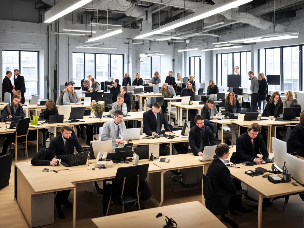 several people are standing in a room with a clock on the wall, in a open-space working space, people at work, vibrant and dynamic, innovation, in the spotlight, by Jakob Gauermann, by Matthias Stom, sascha schneider, impression, arbeitsrat für kunst, by Karl Völker, by Oskar Lüthy