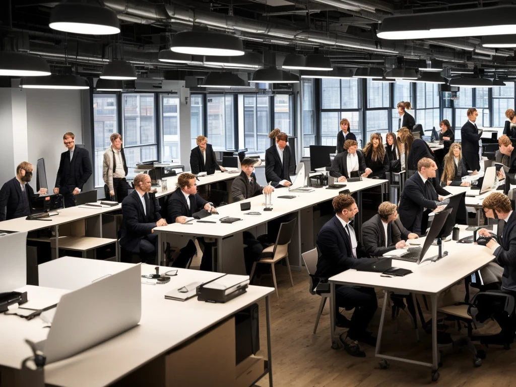 several people are standing in a room with a clock on the wall, in a open-space working space, people at work, vibrant and dynamic, innovation, in the spotlight, by Jakob Gauermann, by Matthias Stom, sascha schneider, impression, arbeitsrat für kunst, by Karl Völker, by Oskar Lüthy