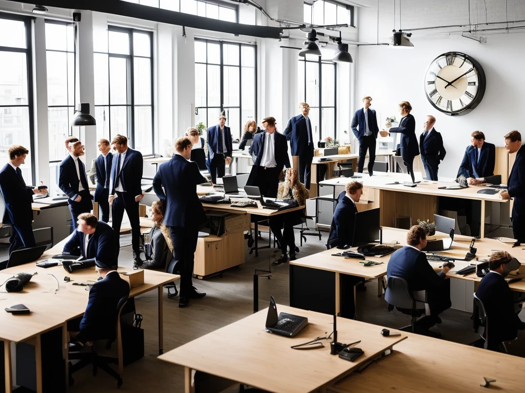 several people are standing in a room with a clock on the wall, in a open-space working space, people at work, vibrant and dynamic, innovation, in the spotlight, by Jakob Gauermann, by Matthias Stom, sascha schneider, impression, arbeitsrat für kunst, by Karl Völker, by Oskar Lüthy