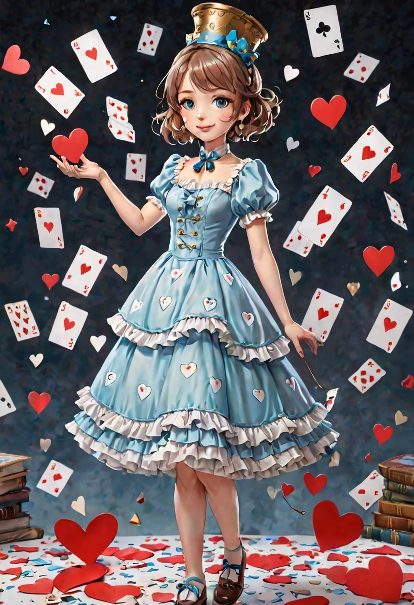 A whimsical anime-style girl in a fantasy-themed outfit, featuring a layered light blue and white dress adorned with heart motifs. She has short, light brown hair and a cheerful expression with one eye winking playfully. She holds a pocket watch on a delicate chain, symbolizing the theme of time, while cards and hearts float around her, enhancing the magical atmosphere. On her head is a tiny blue top hat decorated with a playing card and a small heart. The background features soft, whimsical tones with heart and card elements scattered throughout, giving the scene a romantic and fantastical vibe. The overall art style is colorful, playful, and filled with intricate details.