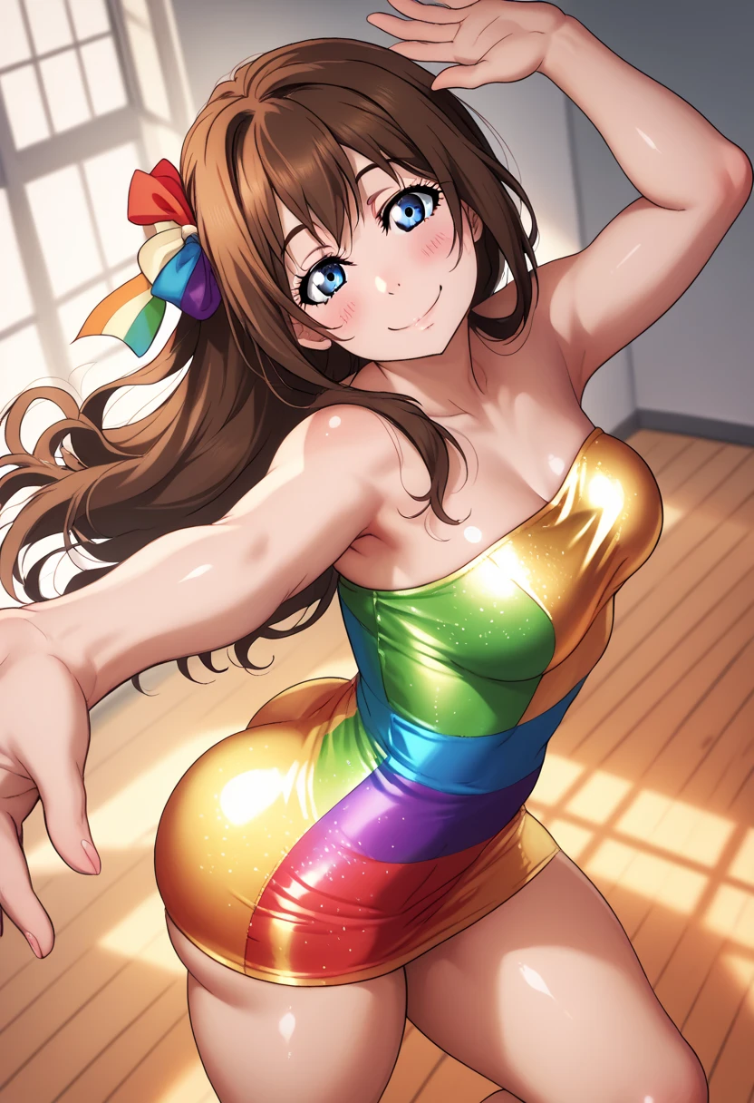 osaka shizuku, highres, brown hair, blue eyes, blush, breasts, strapless dress , rainbow-colored , tight dress , short dress , sleeveless , dancing , arm up , looking at viewer , smiling , twisting pose , thighs, underbutt, hair ribbon, long hair, looking at viewer, RUKIA Style ,shiny skin