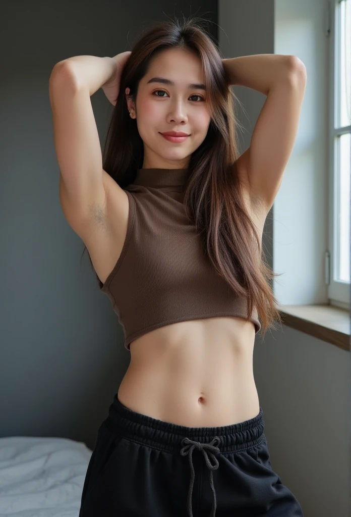 Arab asian woman sitting on kitchen stool, Japanese Models, Beautiful Asian Girl, Asian Girl, Young Asian Girl, cute seductive smile, Small breasts, beautiful upper body, asian hyperdetailed, asian female, Teasing smile, Seductive smile, friendly seductive smile, gorgeous chinese model, Young skinny gravure idol, flat-chest, 2  female model