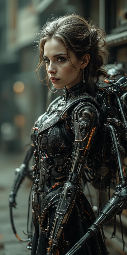 young woman stands proudly,  dwarfed by the mechanical centipede in her side. The stark contrast between her features and the industrial centipede machinery draws attention,the giant centipede wrapped her body, as if highlighting relationship between human and  hybrid machine.